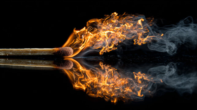 A wooden matchstick igniting with bright orange flames and smoke