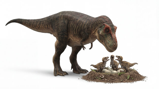 Tyrannosaurus rex nest with babies isolated on white background, prehistoric dinosaur family, adult T. rex with hatchlings, detailed naturalistic pose