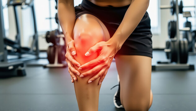 Knee Pain: A fitness enthusiast grips her aching knee with a look of distress, emphasizing the emotional and physical impact of injury. 