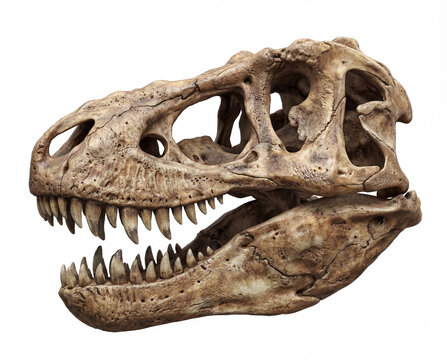Tyrannosaurus rex skull closeup isolated on white background, detailed prehistoric dinosaur head, realistic view of T. rex skull anatomy