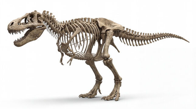Tyrannosaurus rex skeleton isolated on white background, detailed prehistoric dinosaur fossil, full skeletal view of T. rex, naturalistic scientific illustration