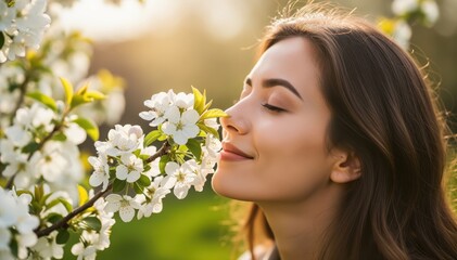 Naklejka premium Sensory Delight in the Garden: A woman savors the intoxicating aroma of blossoms, closing her eyes in a moment of pure bliss amidst a vibrant spring garden.