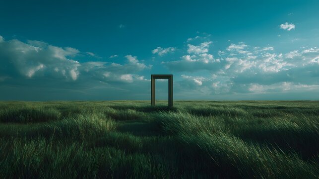 Mysterious Doorway in a Vast, Windswept Field Under a Dramatic Sky.