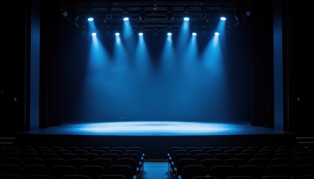 Spotlight Stage: A mesmerizing view of an empty stage bathed in the cool embrace of blue spotlights, awaiting its next performance.