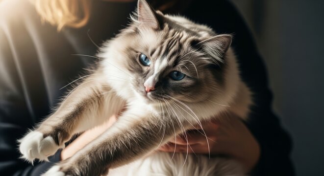 Ragdoll cat with soft long fur and blue eyes, gentle and affectionate breed known for relaxed temperament and indoor lifestyle.