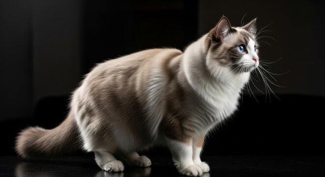 Ragdoll cat with soft long fur and blue eyes, gentle and affectionate breed known for relaxed temperament and indoor lifestyle.