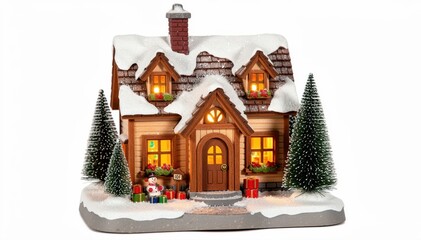 Fototapeta premium Cozy Winter Lodge: A charming miniature lodge, adorned with snow and twinkling lights, evokes the warmth and magic of a winter holiday season. 