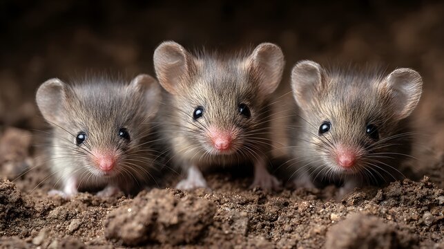 Three Adorable Baby Mice Peeking Out from the Ground.