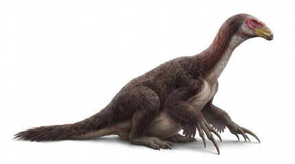 Obraz premium Therizinosaurus cheloniformis adult male resting isolated on white background, prehistoric dinosaur in relaxed pose, detailed naturalistic view of Therizinosaurus