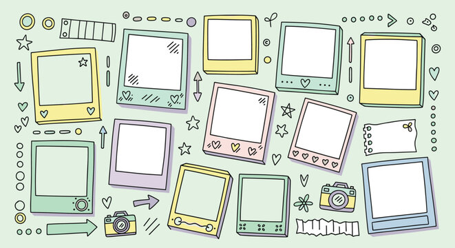 Pastel polaroid frames with colorful borders and playful icon decorations