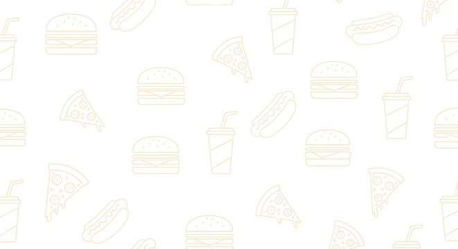 Seamless pattern of fast food icons burgers drinks pizza slices fries tacos