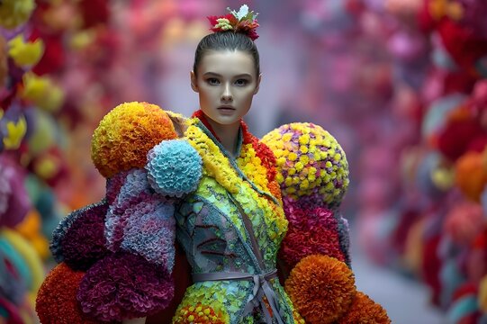 A strange and never-before-seen fashion show with beautiful patterns and colors resembling flowers, strange
