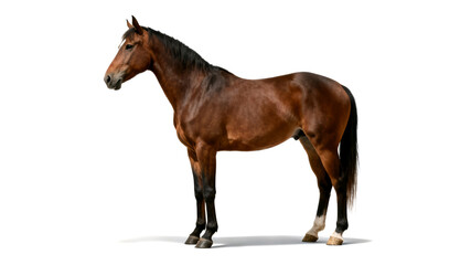 Obraz premium Side view of a beautiful brown horse standing isolated on white background. Full body profile of a bay stallion.