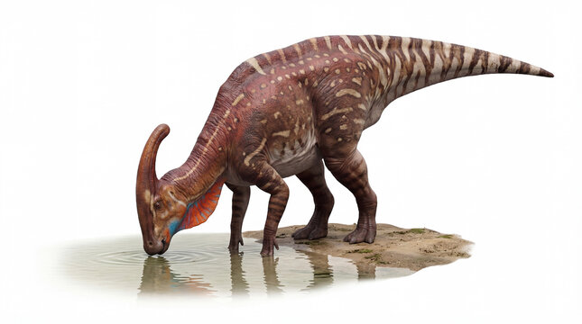 Parasaurolophus walkeri drinking water, hadrosaur dinosaur hydrating with natural posture and calm behavior, detailed prehistoric animal scene isolated white background
