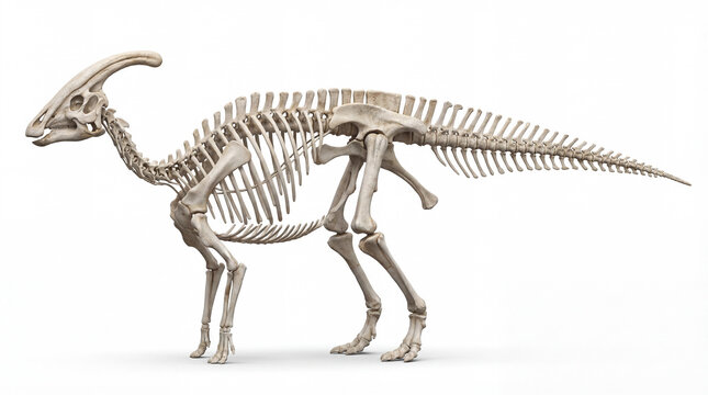 Parasaurolophus walkeri skeleton side view, complete hadrosaur dinosaur fossil in lateral profile showing detailed bone structure, scientific reconstruction isolated white background
