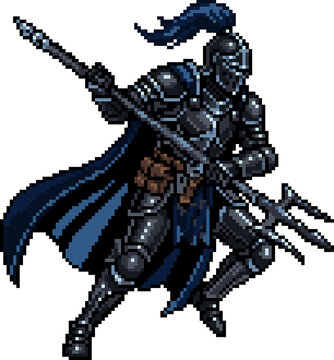 Dark knight warrior holding trident spear pixel art character