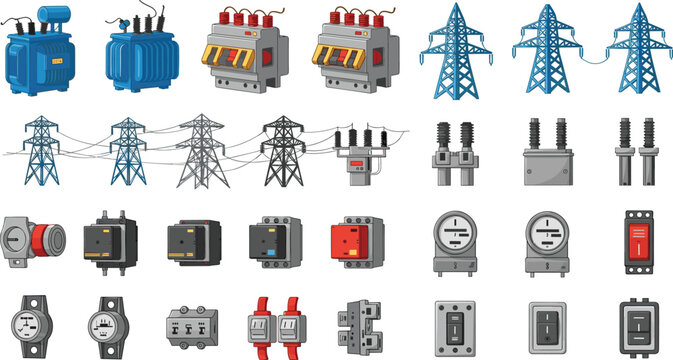 Large collection of electrical power infrastructure vector icons featuring transformers high voltage towers circuit breakers meters and switches isolated on a white background.
