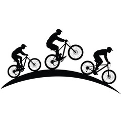 Naklejka premium Silhouette illustration of three cyclists riding uphill on a curved path