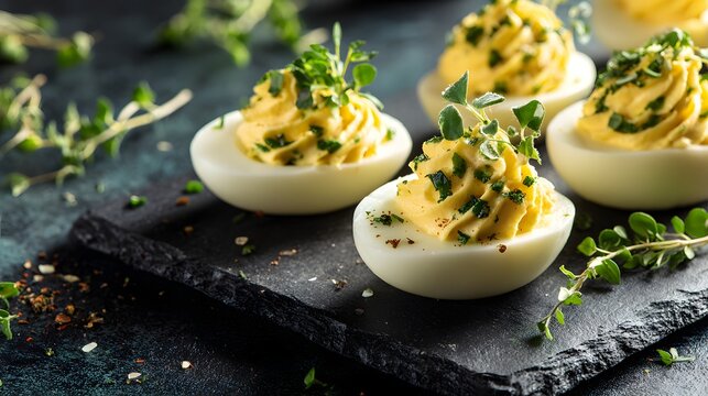 Delicious Deviled Eggs Garnished with Fresh Herbs on a Dark Slate Platter.