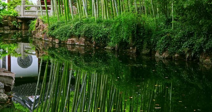 The reflection of a traditional Chinese garden pavilion in the water, nestled among lush bamboo.