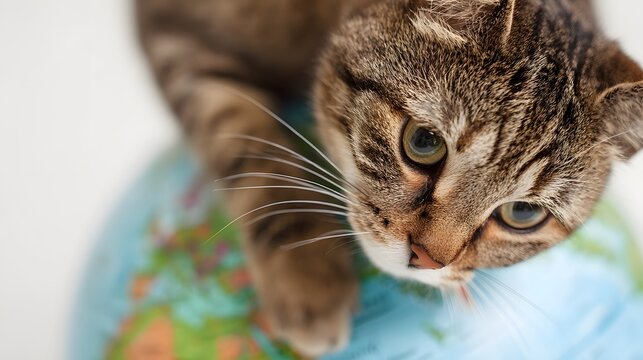 Close-up of a tabby cats face looking down at a globe.