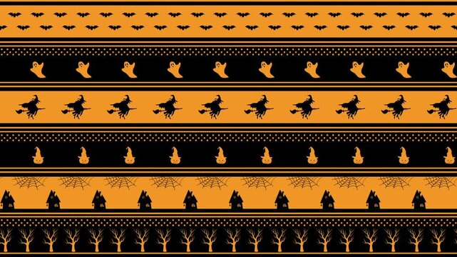 Halloween Striped Animated Pattern with Halloween Elements. Loop Holiday Background. Witch on Broom, Pumpkin in Witch Hat, Scary Houses, Bats, Ghost, Spider Web. Video in Orange, Black