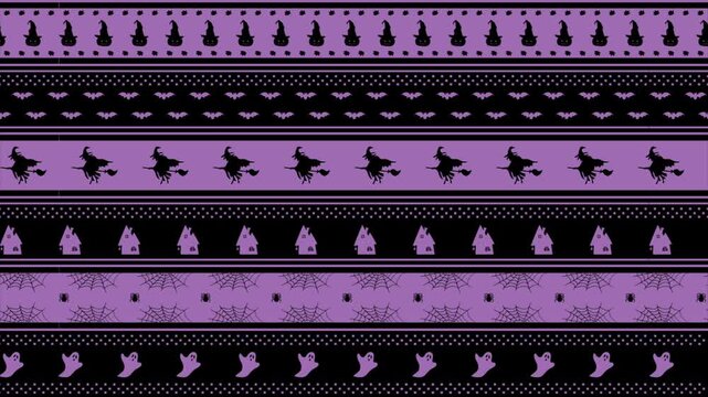 Halloween Striped Animated Pattern with Halloween Elements. Loop Holiday Background. Witch on Broom, Pumpkin in Witch Hat, Scary Houses, Bats, Ghost, Spider, Spider Web. Video in Purple, Black