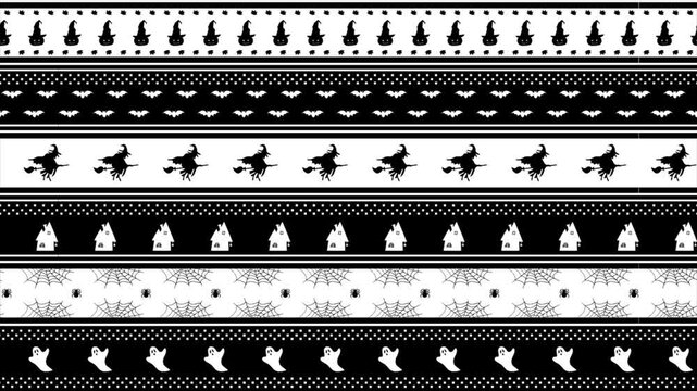Halloween Striped Animated Pattern with Halloween Elements. Loop Holiday Background. Witch on Broom, Pumpkin in Witch Hat, Scary Houses, Bats, Ghost, Spider, Spider Web. Video in White, Black