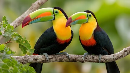 Fototapeta premium Two Colorful Toucans Perched on a Branch in a Lush Rainforest.