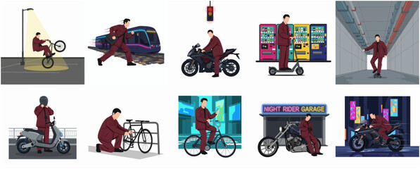 Naklejka premium Illustrated Man Commuting with Various Urban Transportation Methods in Flat Style