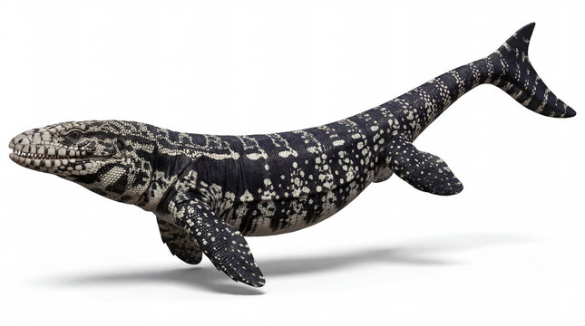 Mosasaurus hoffmannii turning body lateral view, giant marine reptile twisting in motion with curved streamlined form, detailed prehistoric ocean predator isolated white background
