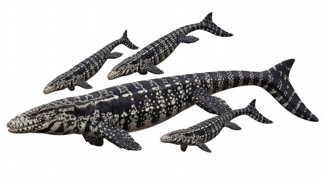 Mosasaurus hoffmannii with juveniles, giant marine reptile accompanied by young offspring showing social or parental behavior, detailed prehistoric ocean scene isolated white background
