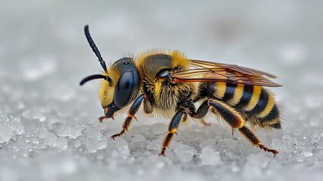 Close-up macro shot of a yellow and black striped bumblebee walking on wet icy surface in natural light