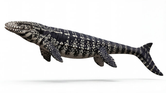 Mosasaurus hoffmannii neutral lateral pose, giant marine reptile in side view with streamlined body and balanced posture, detailed prehistoric animal isolated white background
