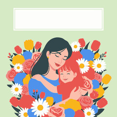 Obraz premium Mother and Daughter Embrace Surrounded by Flowers.