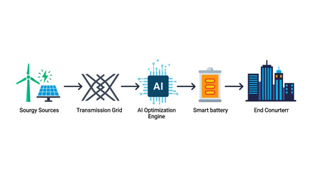 Naklejka premium AI-Powered Smart Grid Infographic Illustrating Renewable Energy Flow from Wind and Solar Sources to City Consumer through Intelligent Optimization and Battery Storage