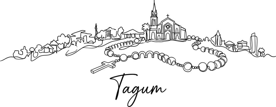 Tagum City skyline with cathedral and rosary continuous line art vector illustration