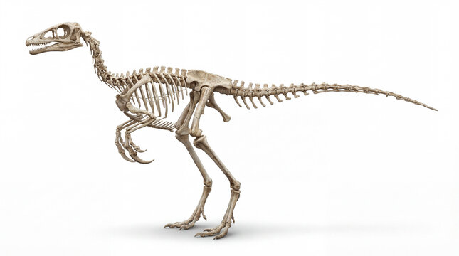 Mononykus olecranus full lateral skeleton isolated, complete side view fossil skeleton of small theropod dinosaur with detailed bone structure isolated white background
