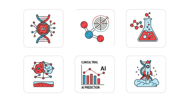Set of vector icons illustrating the application of artificial intelligence in biotechnology, clinical research, and scientific discovery.
