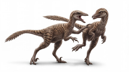 Naklejka premium Mononykus olecranus male fight dynamic duel, two small theropod dinosaurs engaged in aggressive combat behavior with energetic motion, detailed prehistoric scene isolated white background 