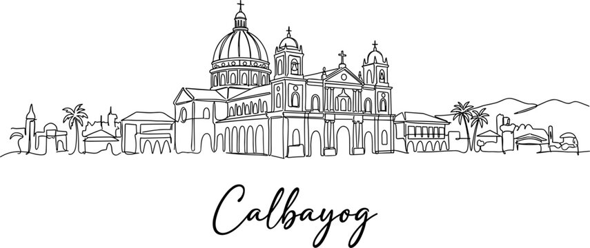 Calbayog City skyline landmark with cathedral and palm trees continuous line art vector illustration