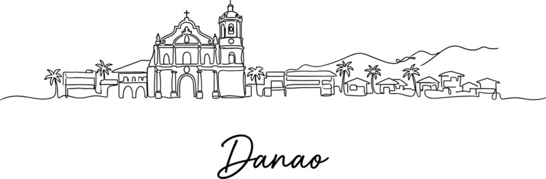 Danao city skyline featuring historic church and mountains one line art vector illustration