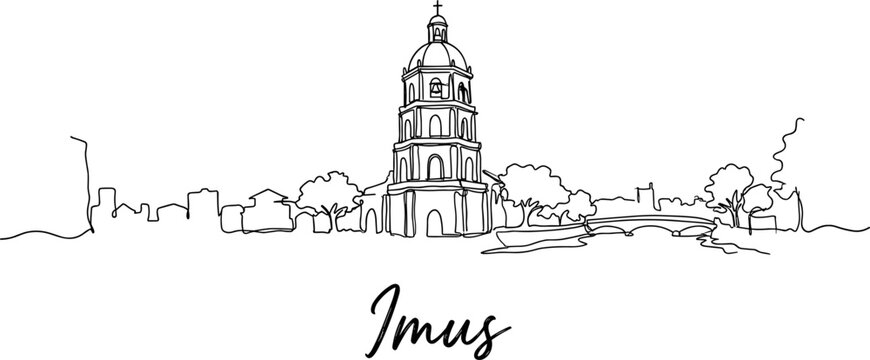 Imus Philippines city skyline with cathedral bell tower and bridge continuous line art vector