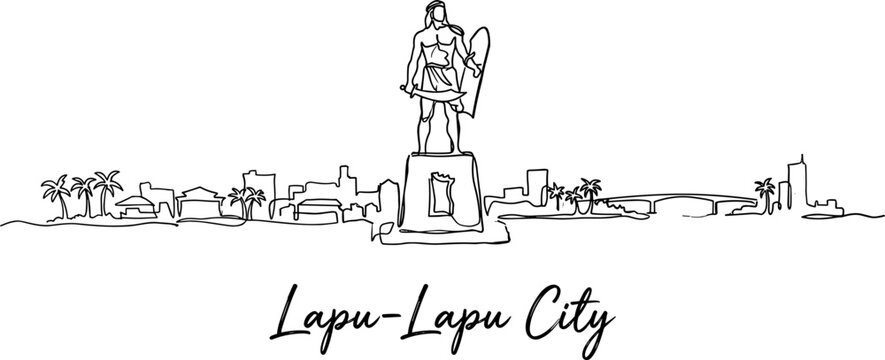 Lapu-Lapu City skyline with Mactan Shrine monument continuous line art vector illustration
