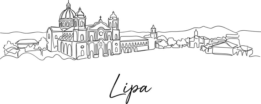 Lipa City skyline with San Sebastian Cathedral one line drawing vector illustration