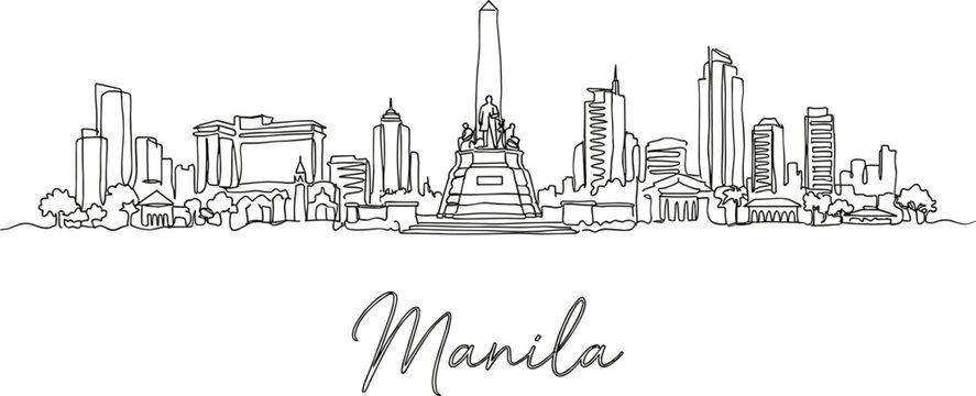Manila Philippines city skyline featuring Rizal Monument continuous line art vector illustration