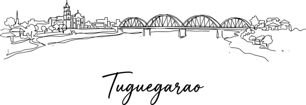 Minimalist Tuguegarao city skyline featuring Buntun Bridge and cathedral line art vector
