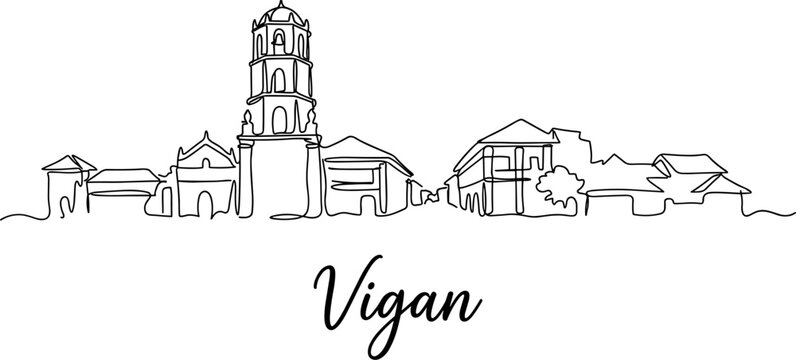 Minimalist Vigan Philippines city skyline with colonial architecture one line vector
