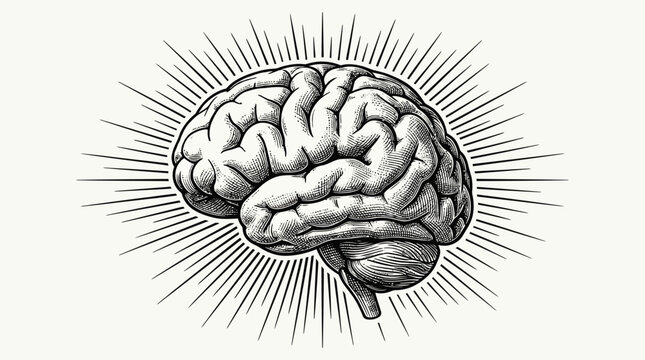 Intricate vintage engraving of human brain radiating light, symbolizing intelligence, thought, and inspiration