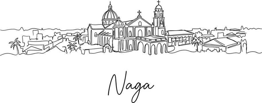Naga City Metropolitan Cathedral skyline Philippines continuous line art vector illustration